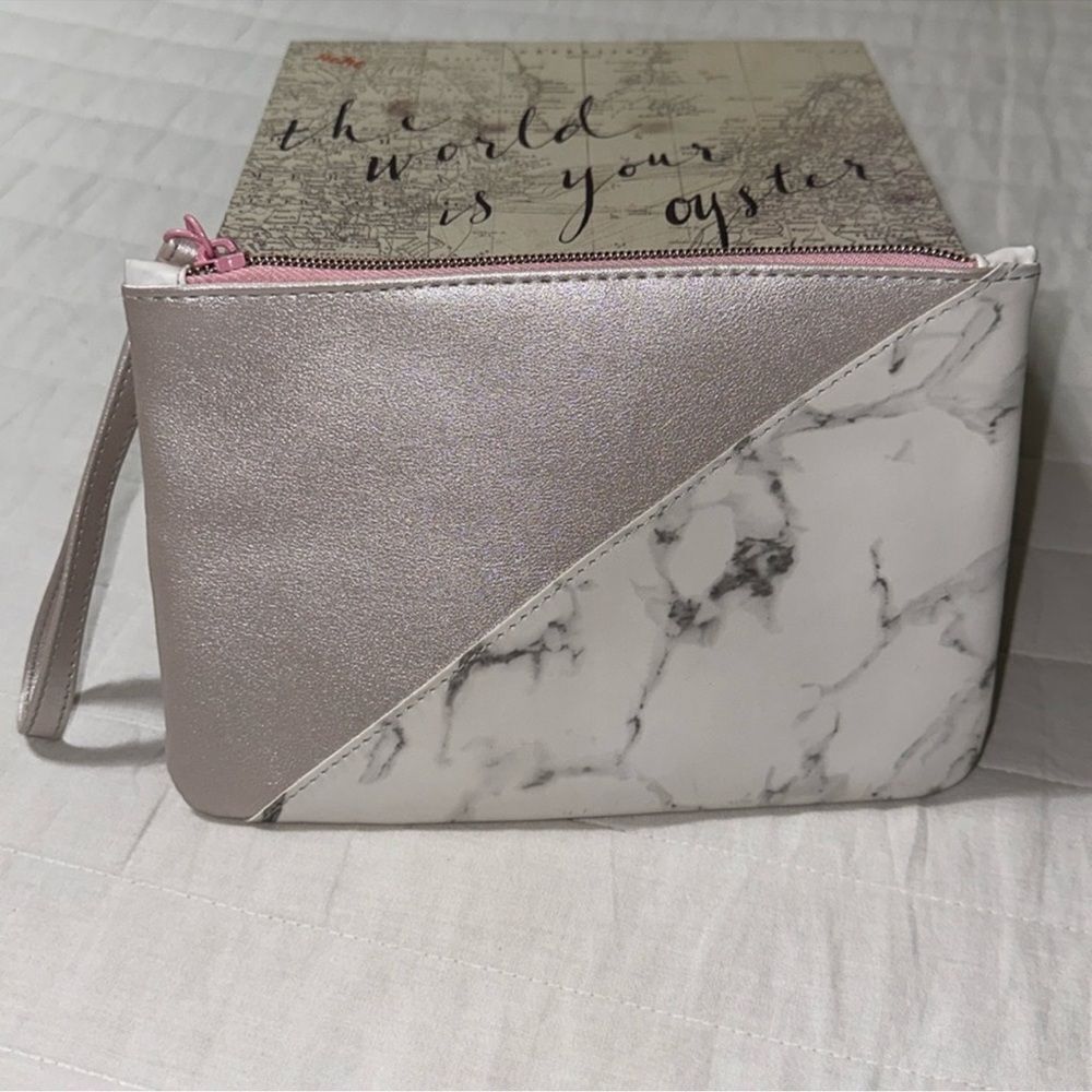 IPSY Pink Rose Gold Metallic White Gray Marble Faux Leather Makeup Cosmetic Bag